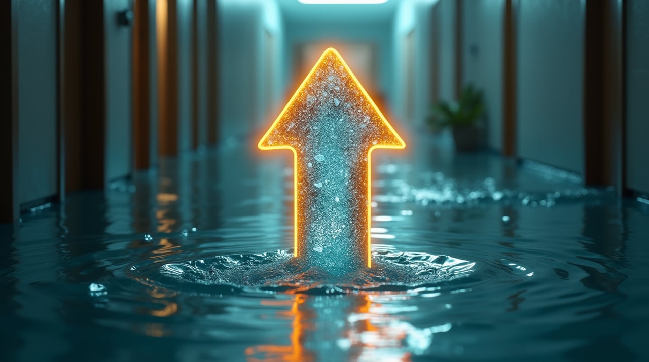 Couloir d'appartement, colonne d'eau en forme de flèche symbolisant +12% de sinistres