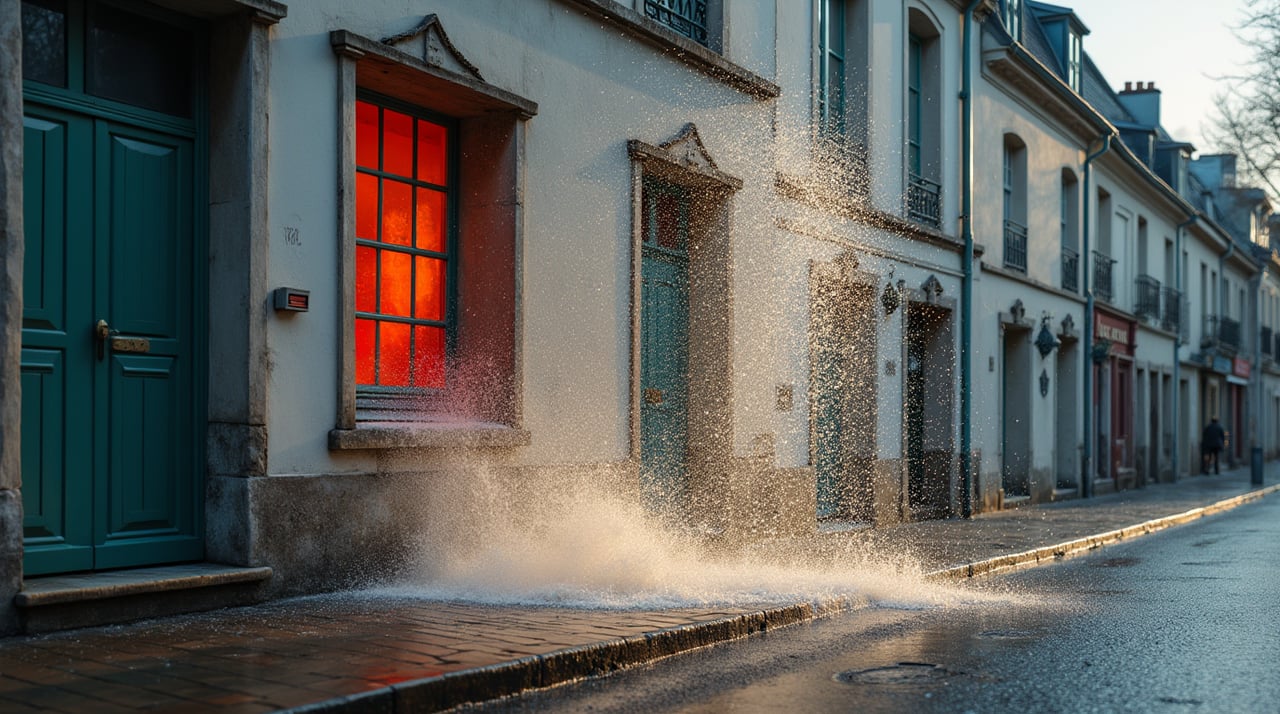Façade de maison française avec jet d'eau spectaculaire par une fenêtre