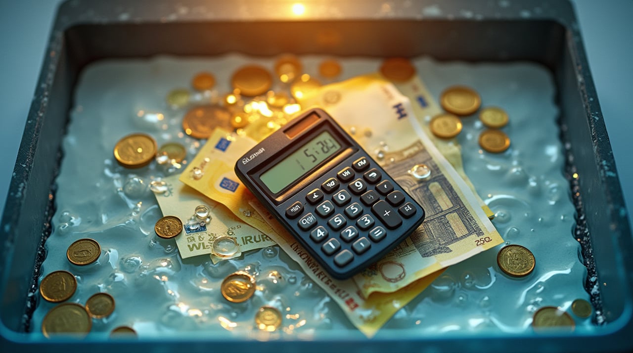 Billets en euros et calculatrice partiellement immergés avec reflets d'eau